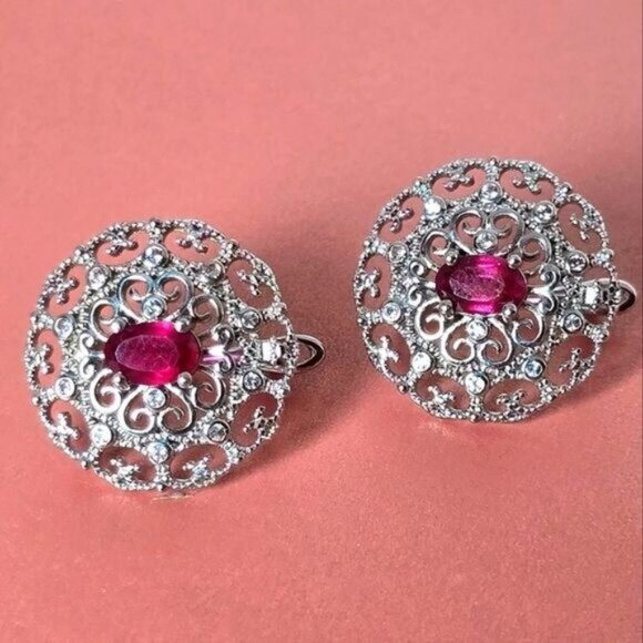 Natural Ruby 14K White Gold on 925 Sterling Silver Earrings - Picture 4 of 6